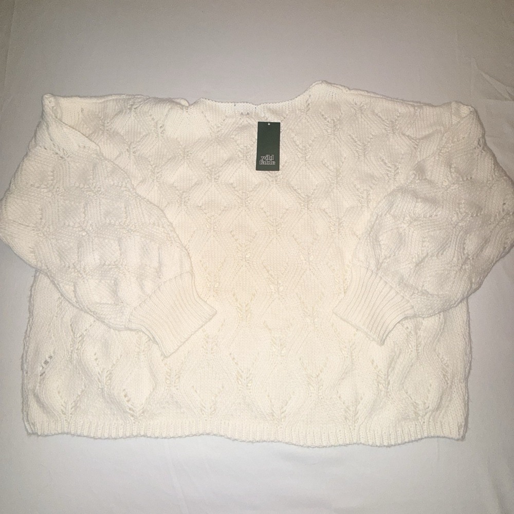 Wild Fable Pointelle Cable Knit Sweater Women NEW 2X White Balloon Sleeve Boho - Picture 2 of 4